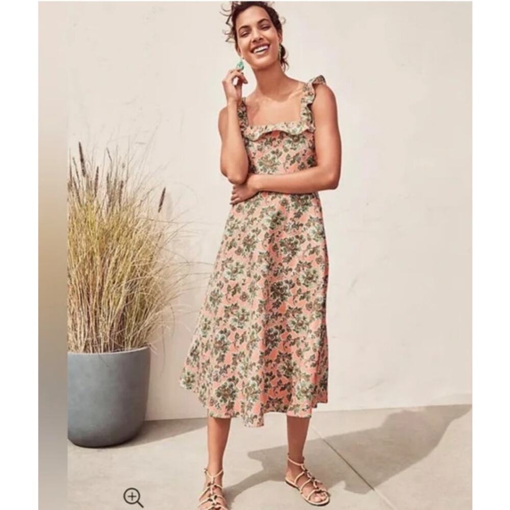 Ann Taylor Floral Ruffle Strap Midi Dress Size 14 Pink Green Spring